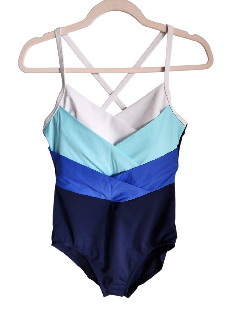 Lands' End Swimsuit 10 Blue White SlenderSuit Wrap One Piece Bathing Suit NEW